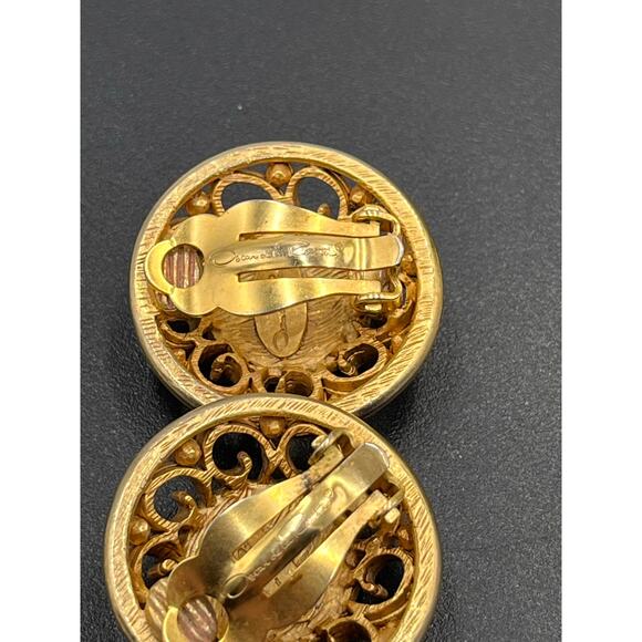 Oscar de la Renta Vintage Signed  Gold Tone Logo Pave Crystal Button Earrings - Picture 6 of 9